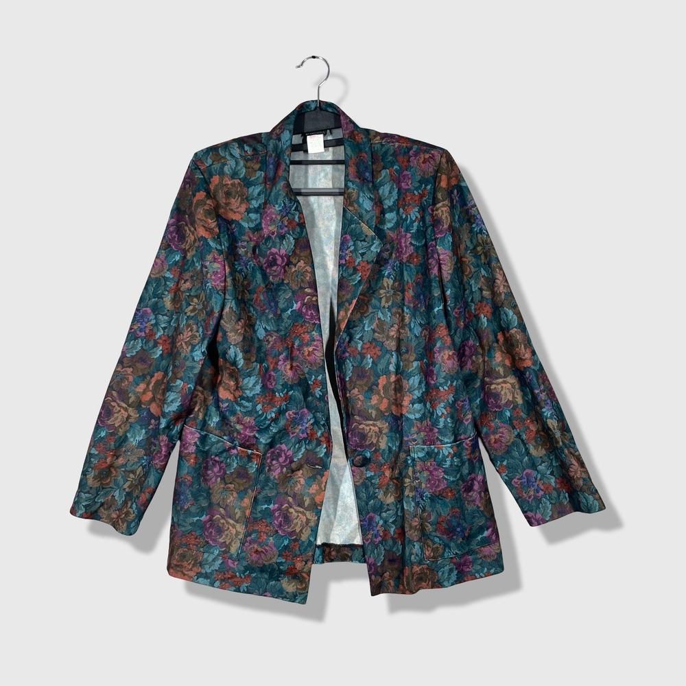 Lori California Blazer Women 10 Teal Floral Vintage Tapestry Grannycore Jacket